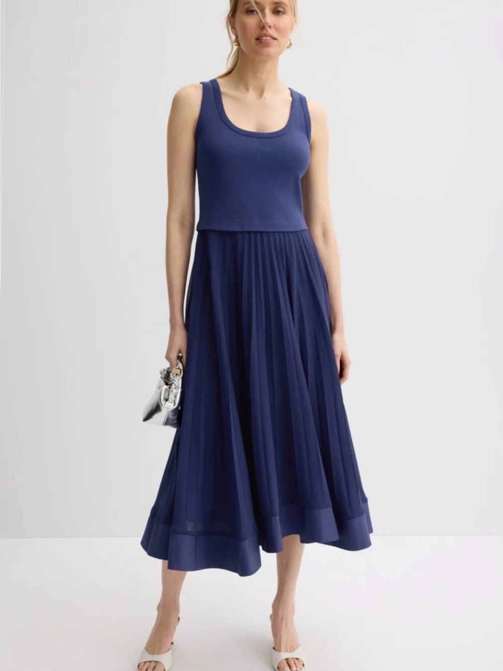 Claudia Pierlot Tradi Sleeveless Navy Tank Top Pleated Midi Dress